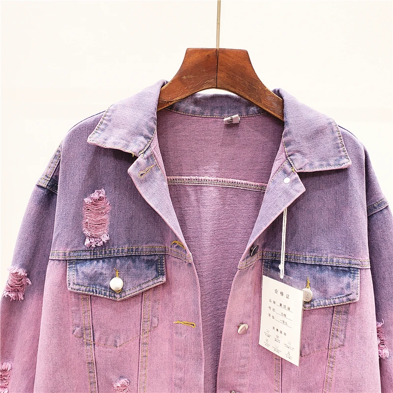 

Hole Denim Jacket Loose BF Harajuku Spring Womens New 2021 Hit Color Wild Blast The Street Jeans Coat Tide Clothes Women A775