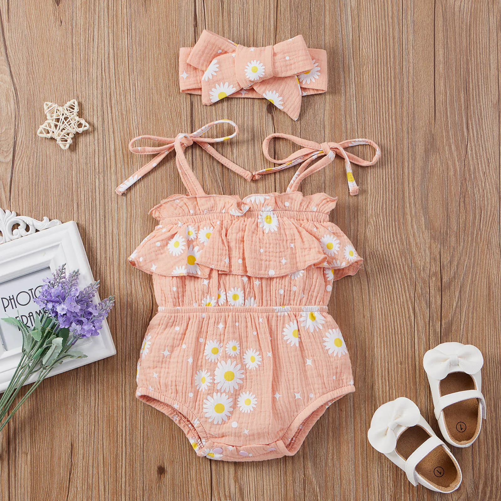 Боди с цветочным принтом ромашки повязкой на голову боди для маленьких девочек