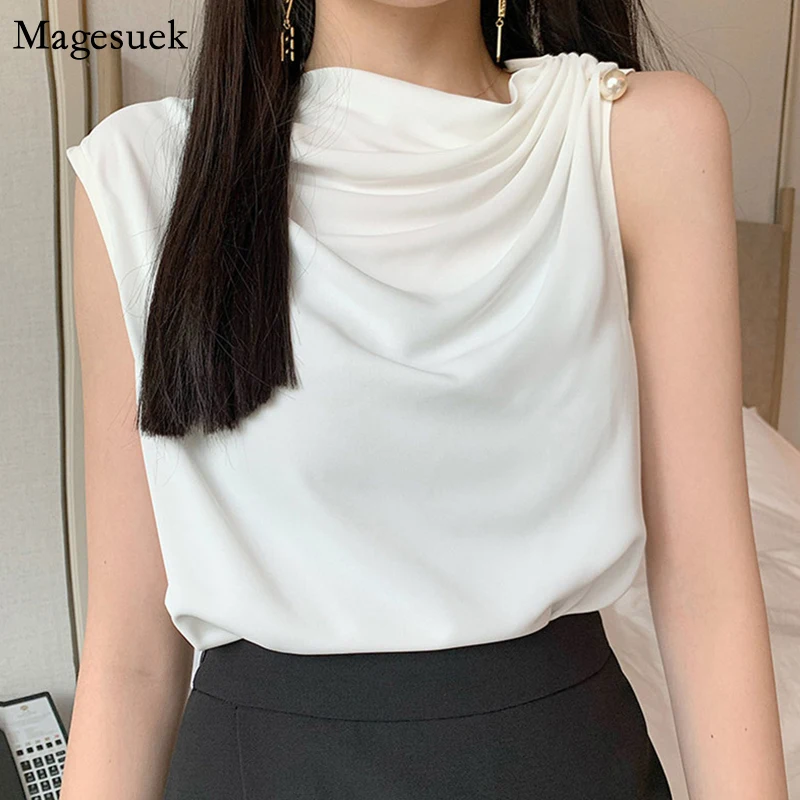 

Women O Neck Casual Shirts Female New Summer White Chiffon Blouse Femme Sleeveless Solid Office Ladies Tops Blouses Blusas 13036