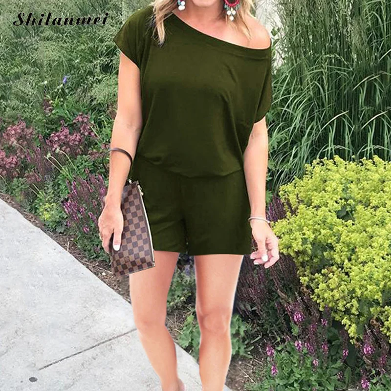 

2019 Short Jumpsuits Rompers New One Shoulder Short Sleeve Solid Office Casual Loose Jumpsuit Women Tops And Shorts Playsuit