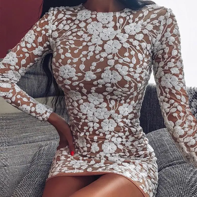 Повседневное кружевное вязаное крючком платье с длинным рукавом и круглым