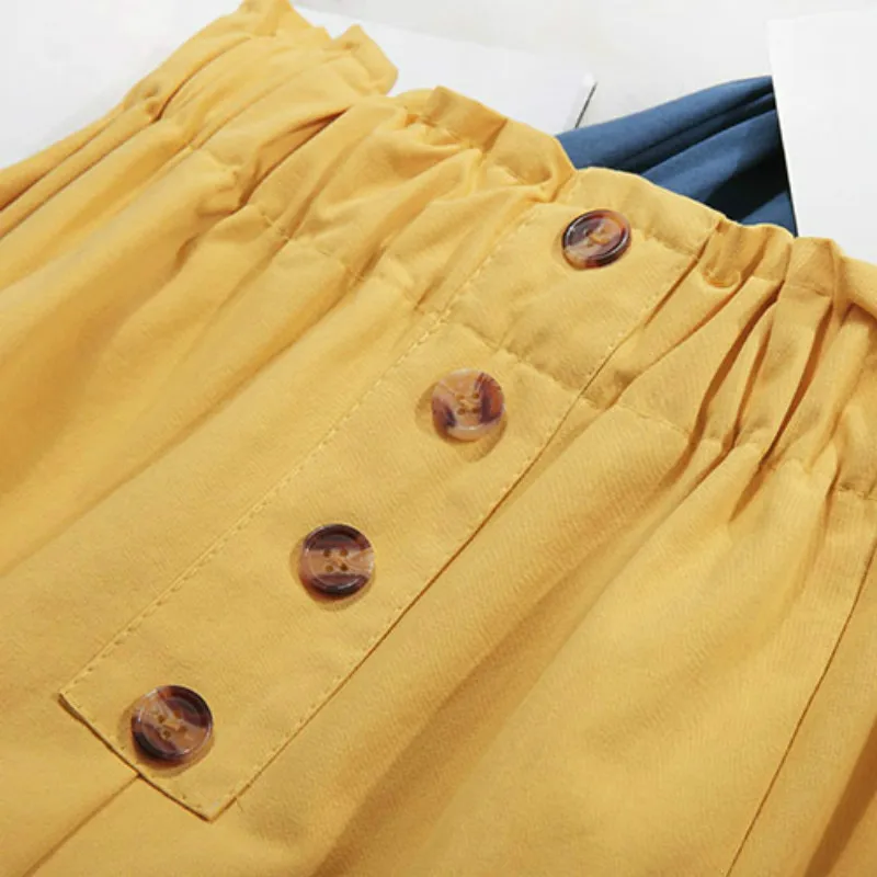 

Spring and Summer Mori Style Cotton Skirt Women Elastic High Waist Button Double Pocket Knee Length Pleated Skirt Femme Saia