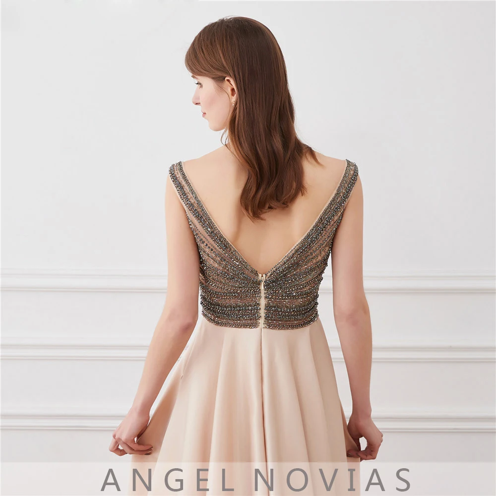ANGEL NOVIAS длинное сексуальное вечернее платье цвета шампанского с открытой спиной шикарные блестящие платья для выпускного с бусинами