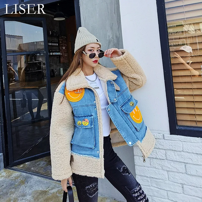 

2021 Winter New Cartoon Stitching Lamb Cashmere Denim Jacket Women Loose Stand-Up Collar Motorcycle Jacket Ins Tide White LL752