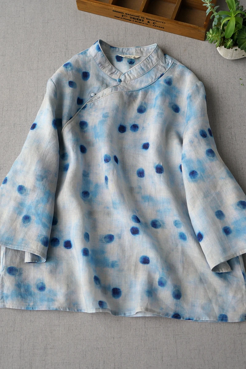 

Spring Summer Women Loose Plus Size Chinese Style Buttons Slant Opening Comfortable Water Washed Thin Ramie Tops Shirts/Blouse