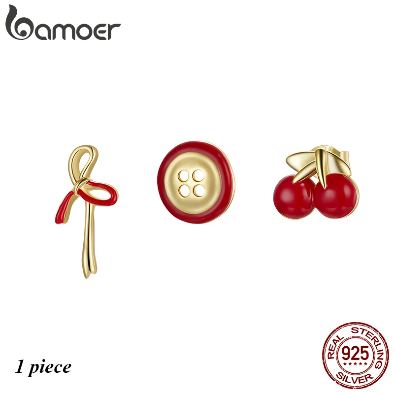 

BAMOER 1 шт. стержня уха 925 пробы Серебряные серьги Броши с красной эмалью в виде пирсинг уха гипоаллергенный бант со звездой и кнопками и вишня ...