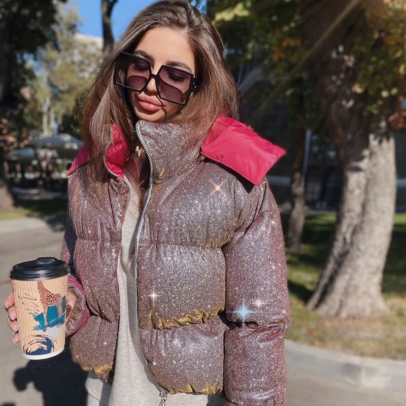 

Women's Winter Parka Coat Jacket Loose Pockets Zipper Casual Stand Collar Snow Print Streetwear Parkas Thick Warm Jackets Female