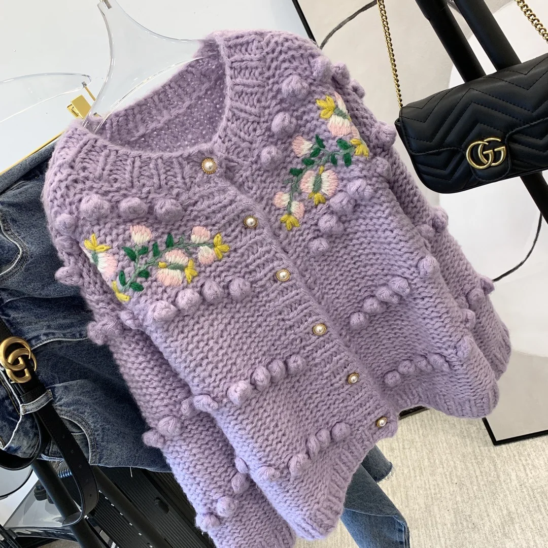 Женский вязаный кардиган ручной работы плотный крючком свитер с объемными