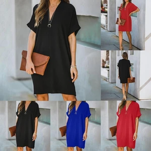 Loose Solid Color Short Sleeve Women Dress Women Casual Dress Dresses V Neck Knee-length Office Womens Clothing женское платье