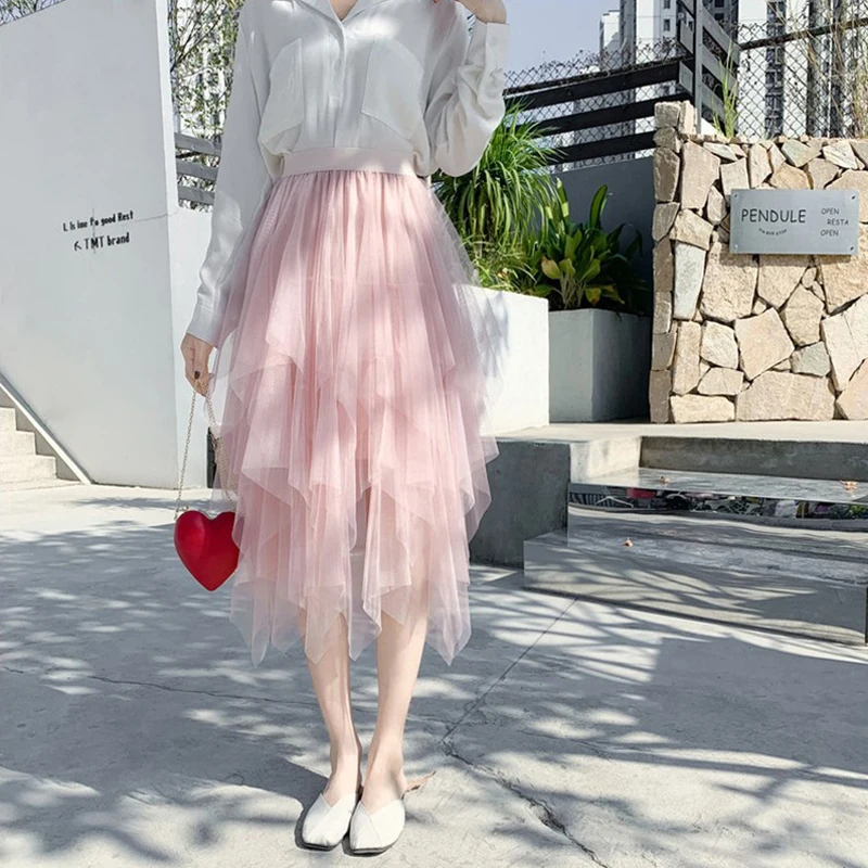 Женская сетчатая юбка средней длины приталенная трапециевидная с высокой талией