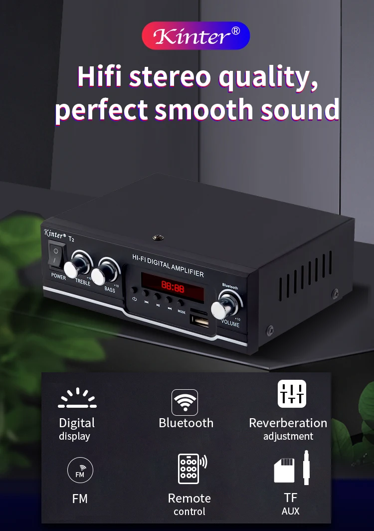 Kinter T2 для bluetooth 2.0CH Усилитель Аудио 20 Вт с usb sd входом fm радио управление сабвуфер ВЧ питание AC220 DC 12 В