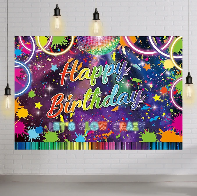 

Happy Birthday Let's Glow Crazy Neon Backdrop Colorful Graffiti Splatter Art Party Background Supplies Baby Shower Cake Studio