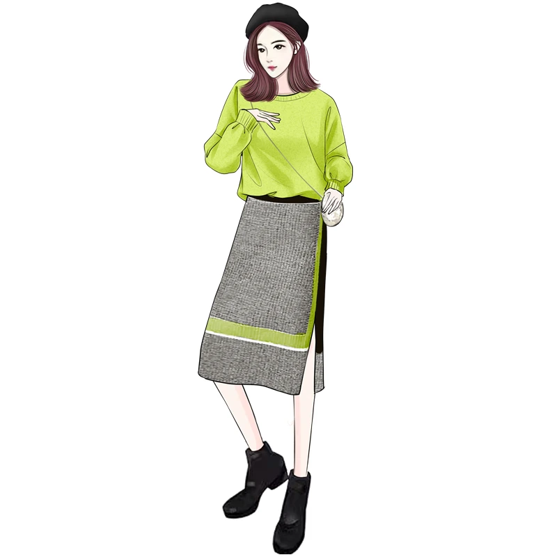 

Big Yards Knitting Core-Spun Yarn Sweater Knit Skirt Suit Women 2 Pcs Clothing Set Outfit Plus Size L-4XL Pullover Top Skirts