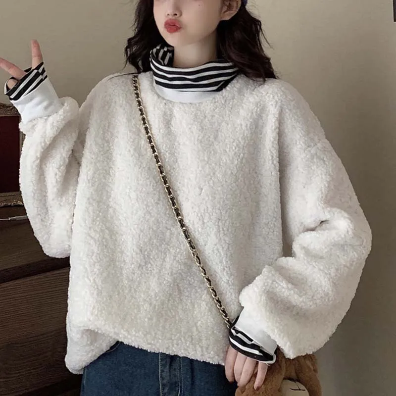 

Свитер оверсайз DAYIFUN, однотонный имитация овечьей шерсти, имитация двух частей, топ с длинными рукавами, Лоскутная полосатая водолазка, одеж...