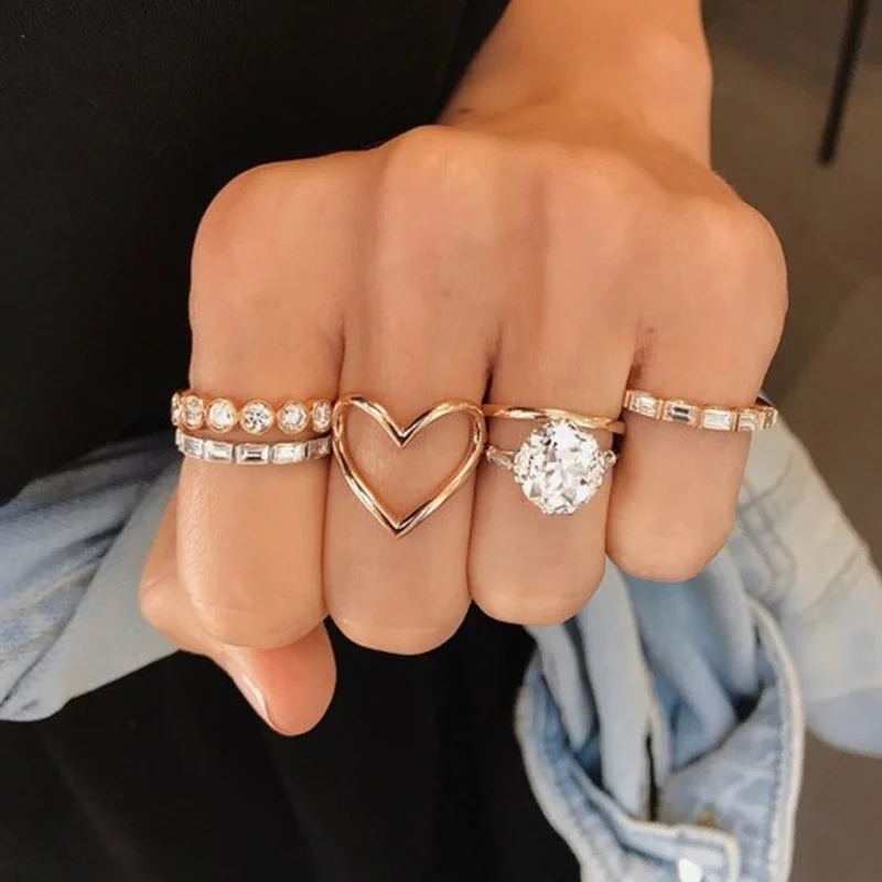 

5pcs/sets Bohemian Clear Crystal Stone Rings Sets for Women Men Love Heart Hollow Geoemtric Jewelry Accessories
