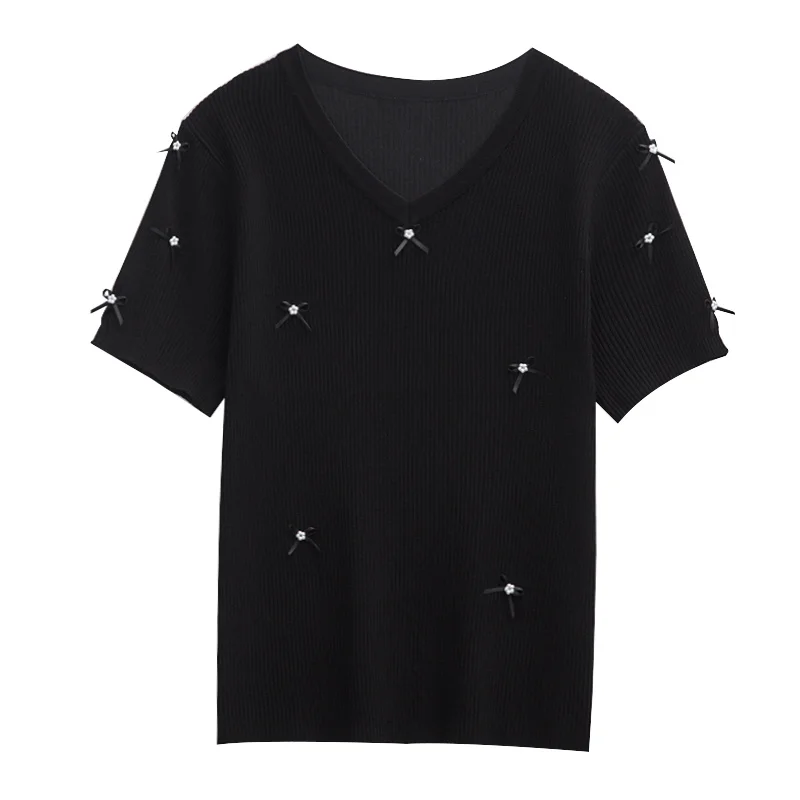 

Nkandby 2021 Summer Plus Size Women's Ice Silk Top V-neck Bow Short Sleeve Knitted T-shirt Slim 100KG Female Oversize T Shirt