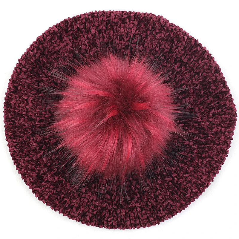 Wine red 9 Geebro, женские зимние теплые вязаные береты из синели с помпоном из искусственного меха, элегантные женские шапки, чепчик для девочки, простые шапки, берет - Цвет: Wine red 9