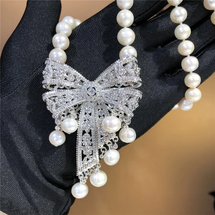 

Rare Jewelry natural freshwater pearl Hand knotted 9-10mm white bowknot micro inlay zircon necklace 18inch