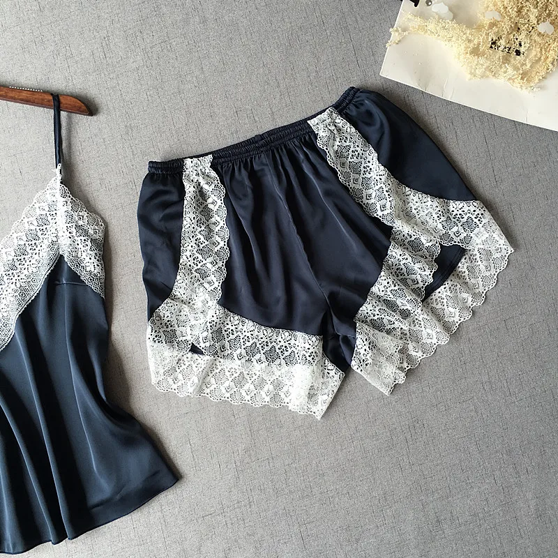 

Women's Sleepwear Sexy Satin Pajama Set White Lace V-Neck Pyjamas Sleeveless Cute Cami Top and Shorts