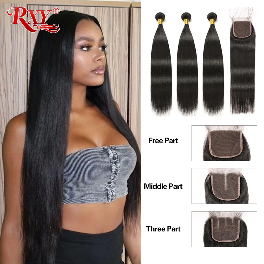 RXY бразильские пучки волос плетение с закрытием прямые человеческие волосы 3