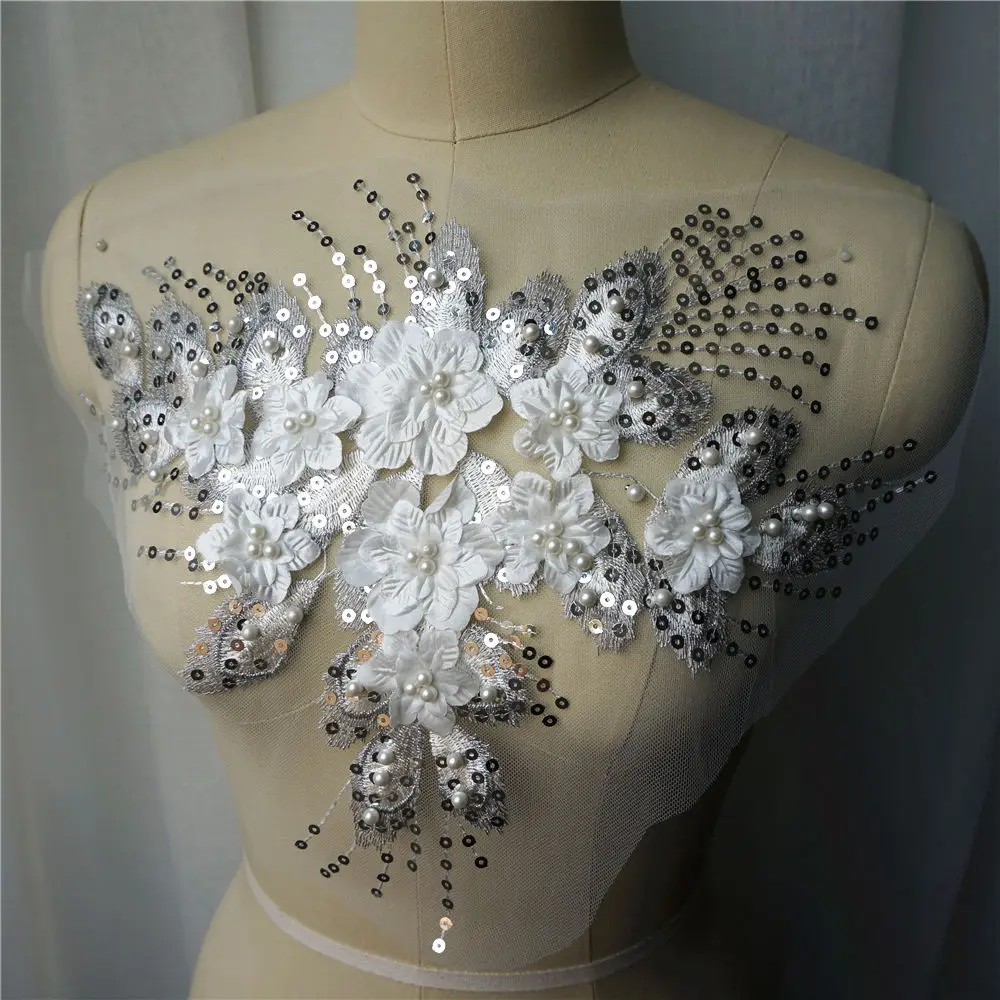 Белая блестящая кисточка 3D Цветочные бусины розы кружевная ткань вышитая