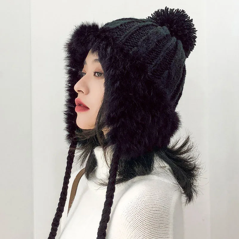 Зимние шапки для женщин толстые теплые вязаные Gorros женские милые белые шарики наушники шапки Белые зимние женские шапки и шапочки - Цвет: Color 3