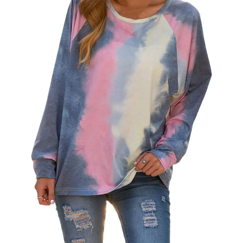 

Autumn Women's Cotton Gradient Tops Round Collar Dressing Long-sleeved Casual Loose Loose T-shirt