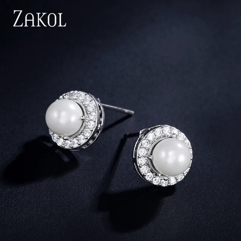 ZAKOL хит продаж белые серьги гвоздики с фианитом ААА для женщин модные круглые