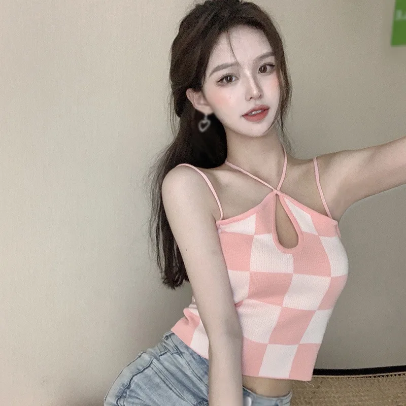 

Jlong Summer Women Plaid Printed Halter Tops Slim Sexy Exposed Nave Knitted Cross Sling Tank Tops