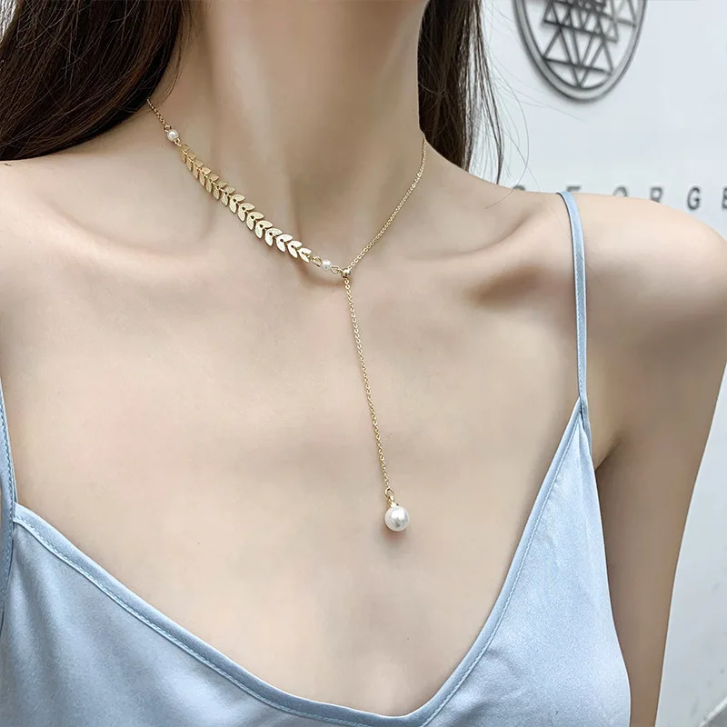

Wholesale Pearl Choker Fairy Willow Leaf Chain Pendant Necklace Female Ins Simple Net Red Clavicle Chain Neck Chain Jewelry
