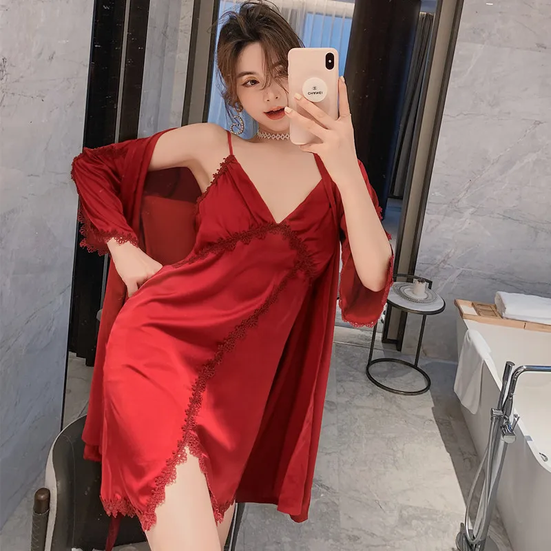 

Hot Sale Sexy Satin Lace Pyjamas Sets Home Wear Underwear Robe & Gown Sets Femme Sleepwear M L XL