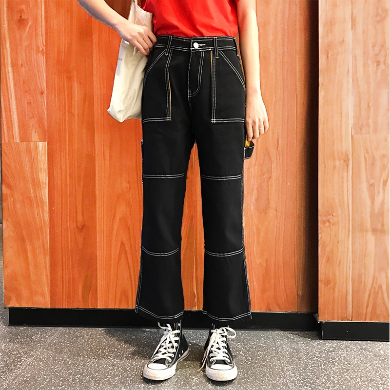 Женские черные джинсы в стиле харадзюку классные уличные широкие штаны для