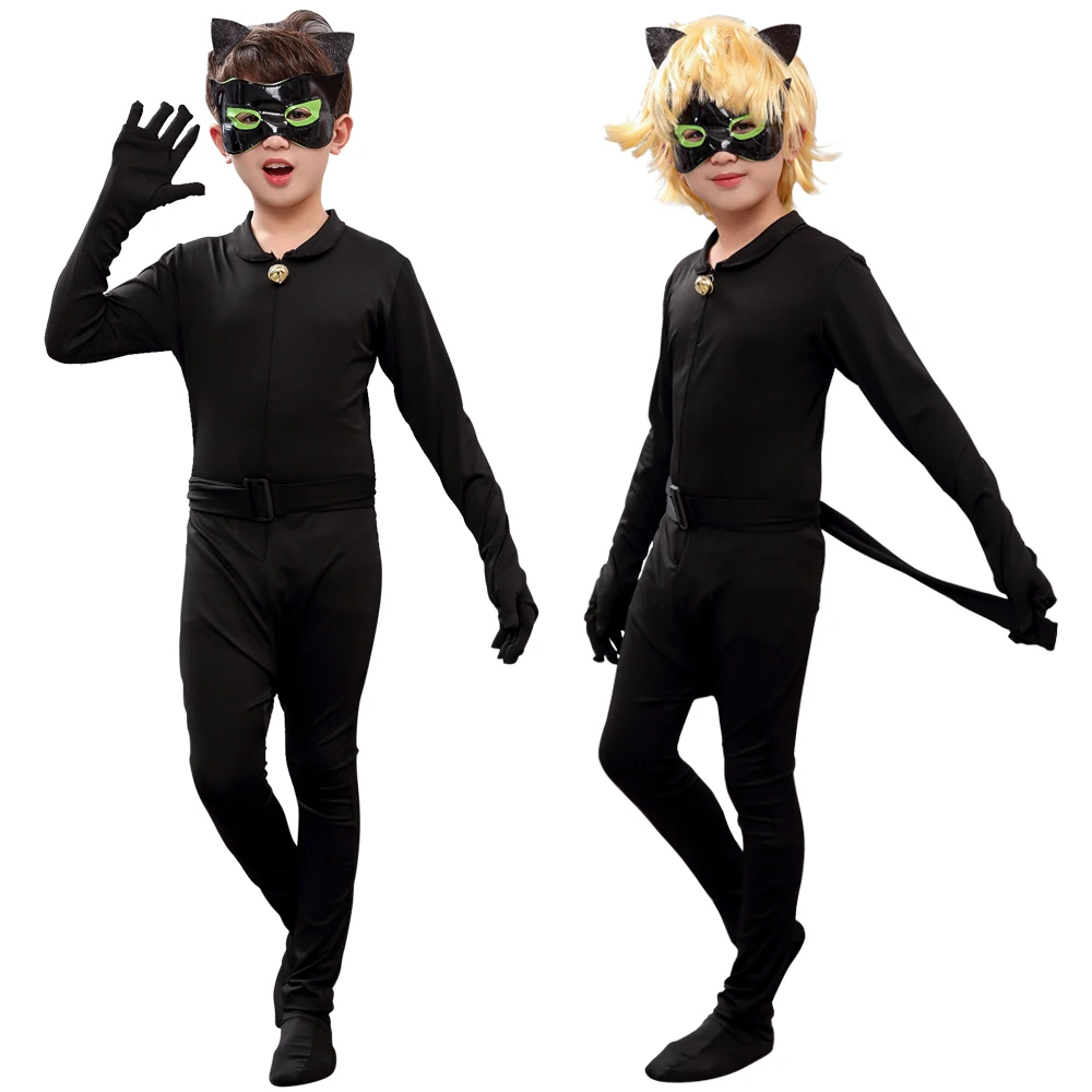 

Halloween Anime Child Black Boys Cat With Tail Mask Cosplay Costume Christmas Jumpsuit Girls And Boys Super Heroes Cosplay