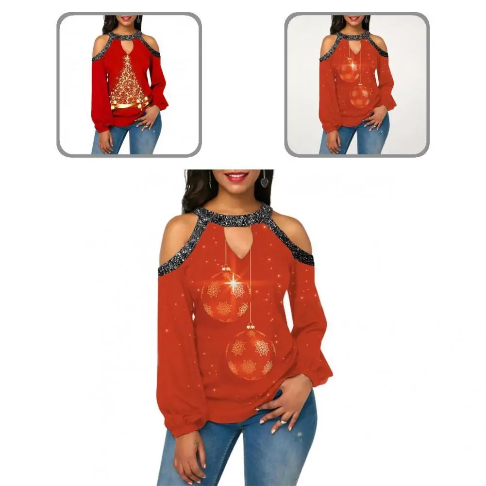 

Fashion Xmas Wine Cup Print Women Blouse Xmas Blouse Skin-friendly Off Shoulder