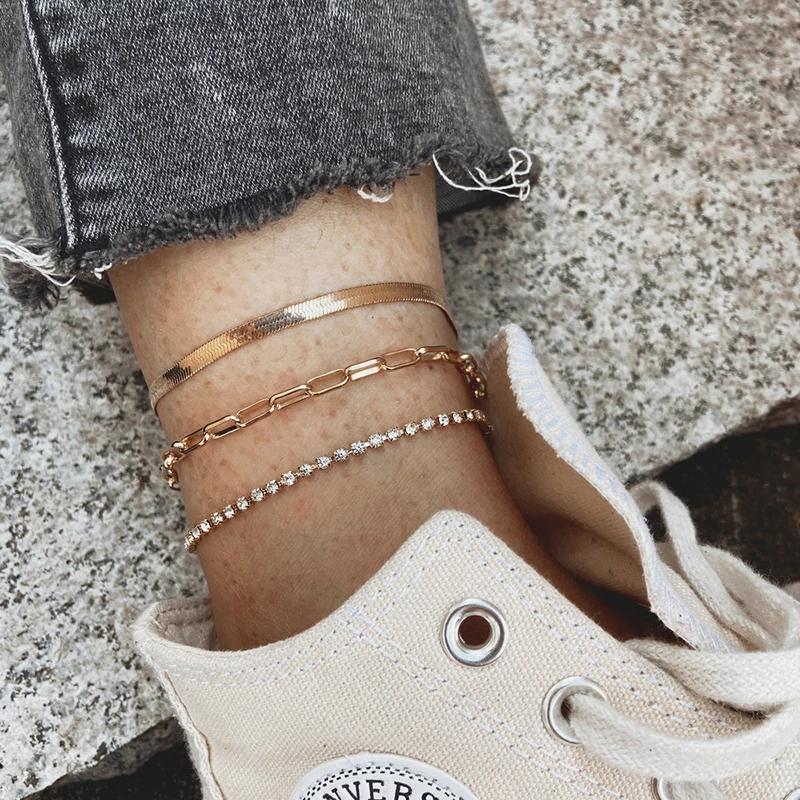 

3pcs/set Fashion Jewelry Multi-layer Chain Crystal Zircon Anklet Set for Women Accessories Statement Metal Ankle Bracelet