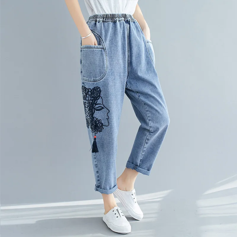 

plus size autumn summer casual loose vintage embroidery jeans 2020 denim harem pants for women streetwear clothes