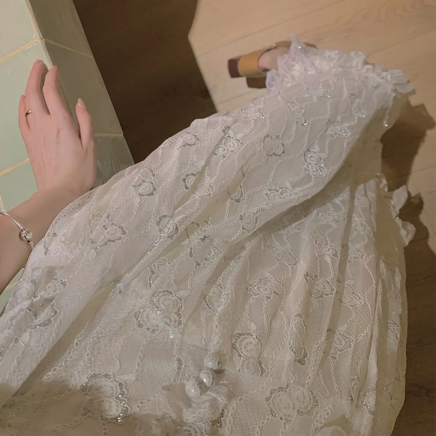 

Elegant Lace Sequin Dress Women Sweet Design Puff Sleeve Long Ruffle Dress Summer Evening Party Birthday Outfits for Women 2021