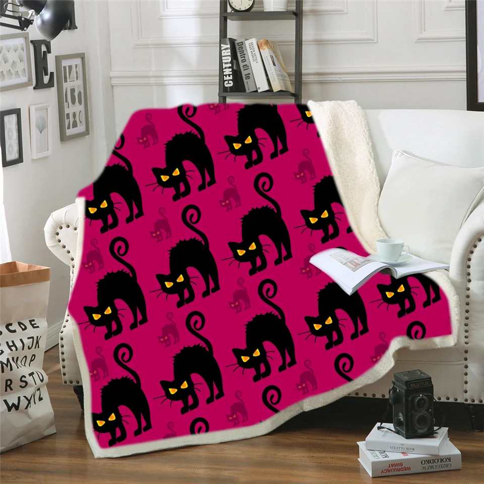 

3D Printed Terrorist Cat Carton Dinosaur Throw Blanket Purple Gothic Sherpa Fleece Blanket Dangerous Monster Quilt Battaniye
