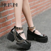 patent leather metal chain platform womens pumps shoes round toe hollow buckle thick heels women shoes mary jane casual shoes