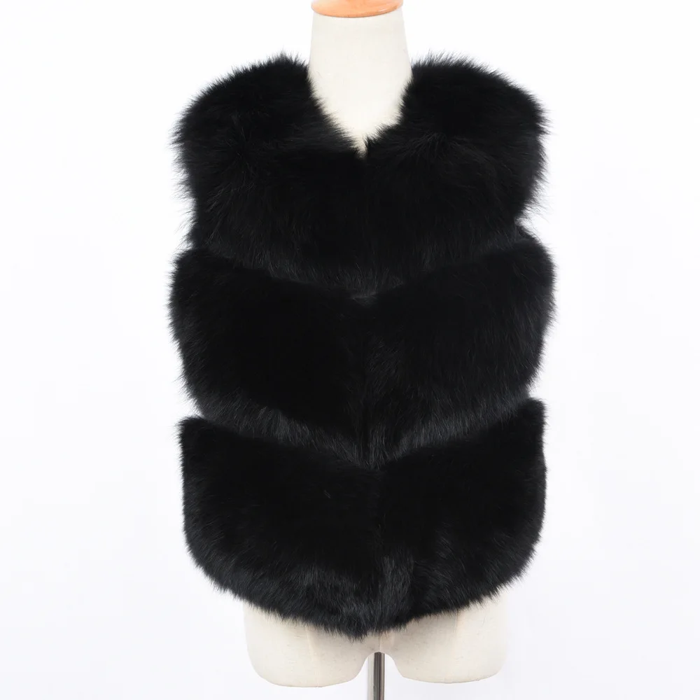 Black JKKFURS Новое поступление женские жилеты из натурального Лисьего меха высокого качества женские модные стильные жилеты из натурального меха 3 ряда куртки S7162 - Цвет: Black