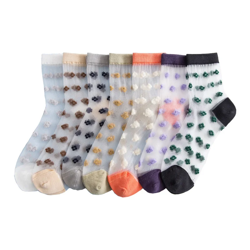 

5 Pairs/lot Woman Socks Transparent Mesh Kawaii Love Flower Pattern Glass Socks Fashion Harajuku Spring Summer Silk Casual