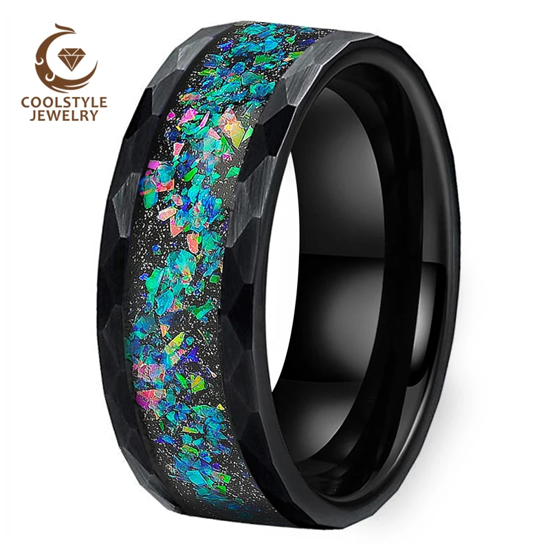 Black Hammer Ring Opal Ring Multi Facet Tungsten Wedding Ring For Men Women With Galaxy Series Opal Inlay 8MM Comfort Fit
