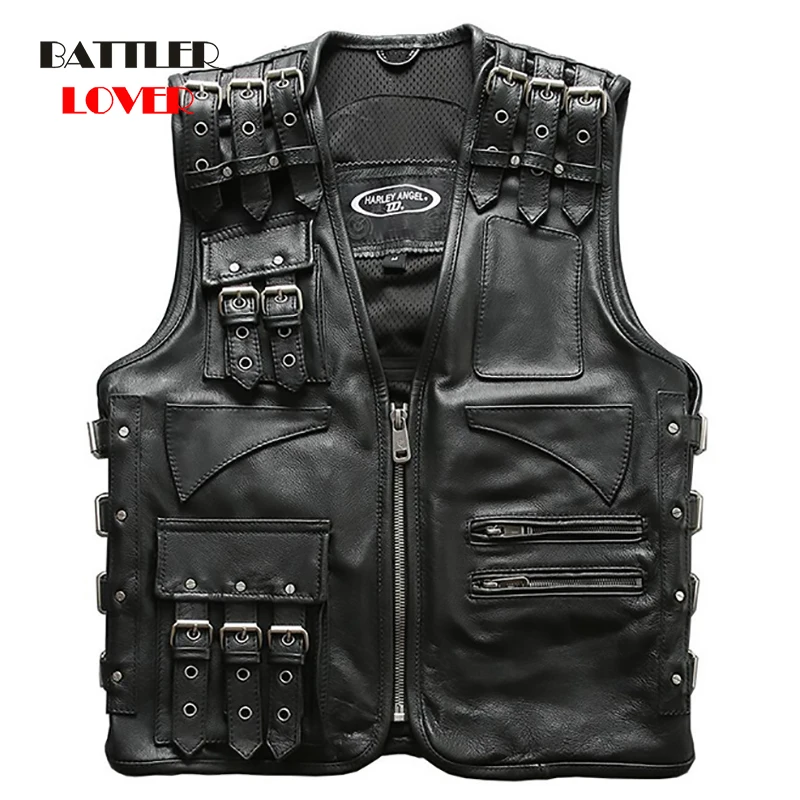 

Super High Quality Cow Skin Adjustable Vest for Men Genuine Leather Vests Male Steampunk Biker Bandage Clothes Drop Shipping