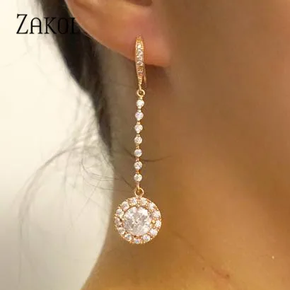 ZAKOL модные круглые циркониевые длинные серьги на крючках для женщин вечерние