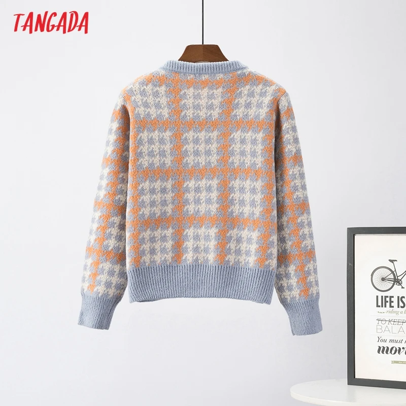 

Tangada Women Elegant Plaid Pattern Cardigan Vintage Jumper 2021 Oversized Knitted Cardigan 7A24