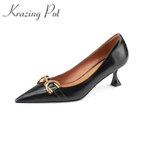 krazing pot full grain leather pointed toe slip on thin high heels metal chains fasteners vintage 2021 women autumn pumps l01