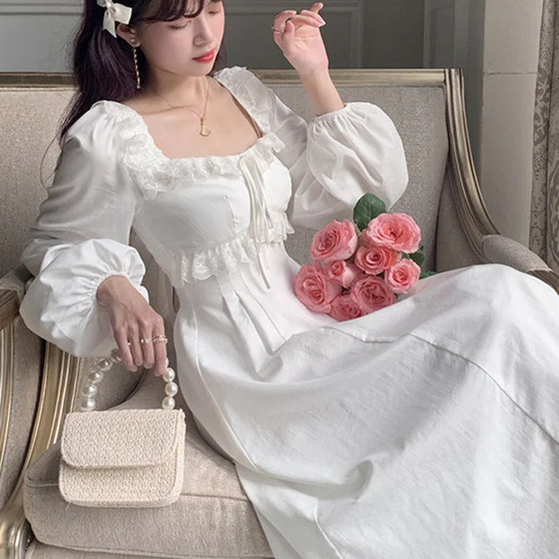 

QWEEK Vintage Elegant Fairy Princess White Lace Dress Woman French Retro Square Collar Designer Slim Dress 2021 Autumn Clothes