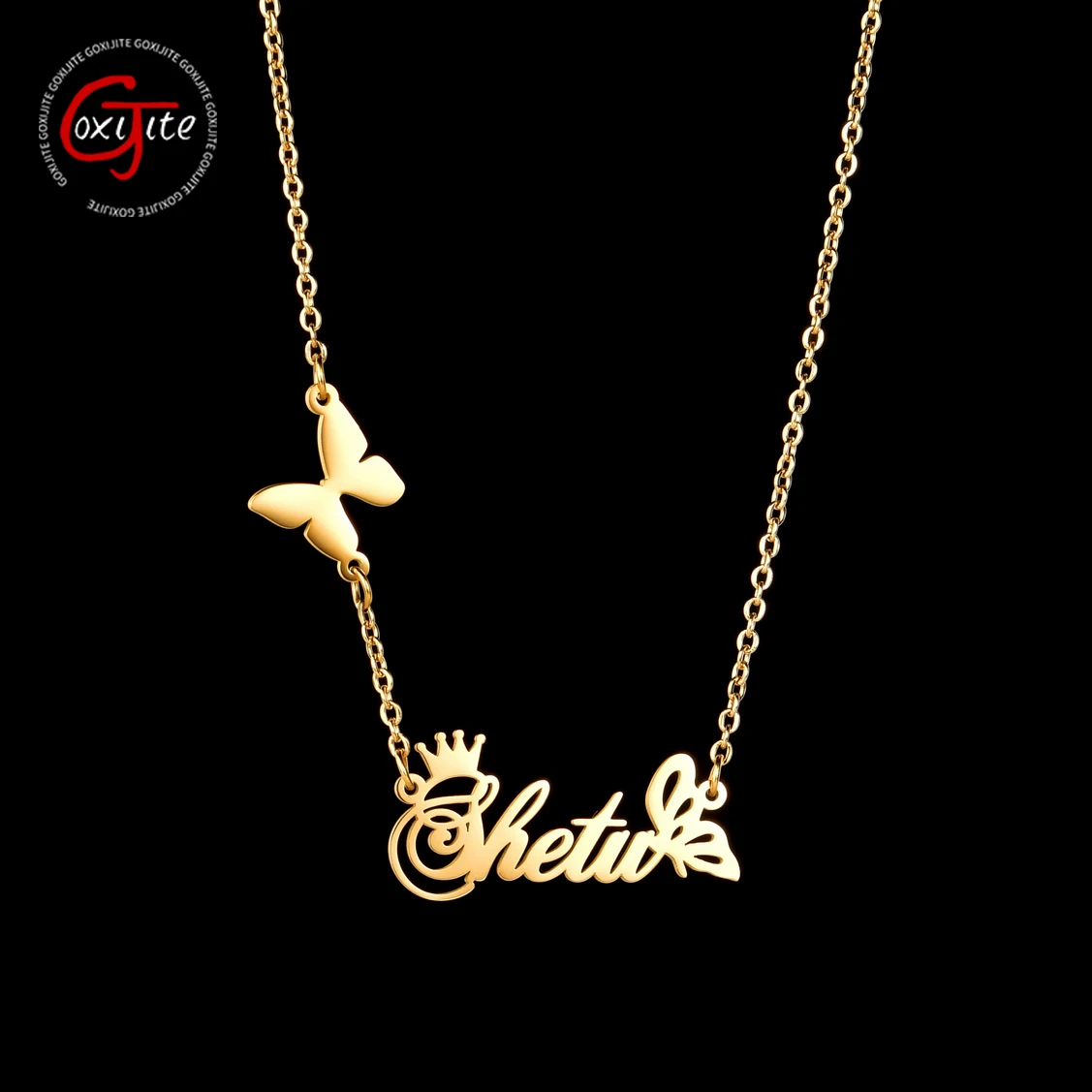 Goxijite Trendy Stainless Steel Name Necklace For Women Custom Butterfly Crown Names Necklacs Personalized Jewelry