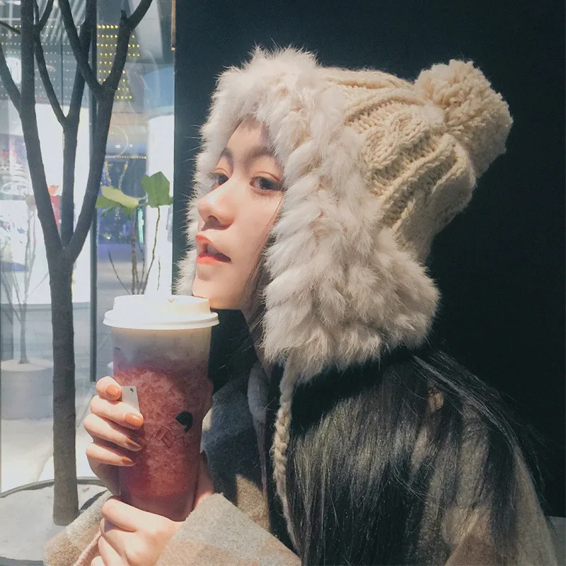 

202108-shi8774 winter keep warm snow Protect ears rabbit hair knitting leisure lady Skullies Beanies cap women cool hat