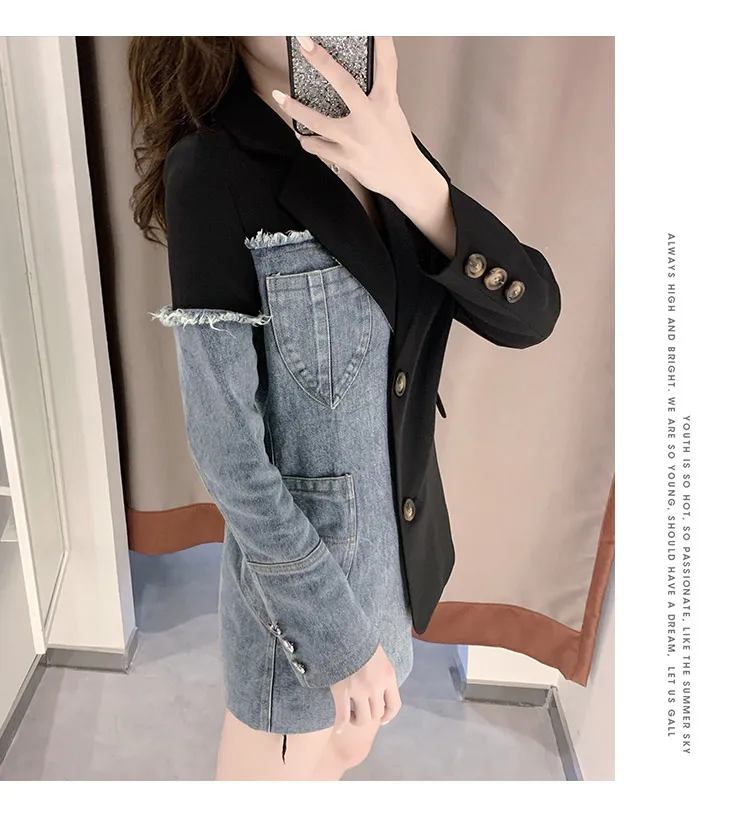 

Women's Denim Jacket 2021 Spring Autumn New Korean Lapel Stitching Loose Fashion High-Quality Lining Short Suit Coat Female